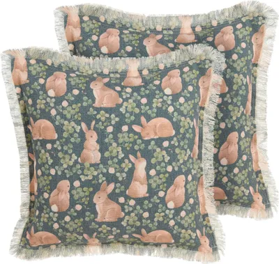 Produktbild von BELIANI Dekokissen 2er Set Grün Stoffbezug mit Polyester-Füllung Fransen 45x45 cm Kaninchenmotiv Modern Accessories Wohn- u. Schlafzimmer Flur Diele
