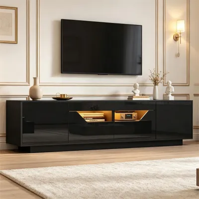 Produktbild von Merax TV-Schrank 180 cm mit LED und Hochglanzfront, modernes Lowboard für Fernseher bis 75 Zoll, TV-Board mit Push-to-Open Türen, 2 Schubladen, Schwarz