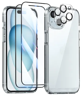 Image de Avizar, ensemble de protection pour iPhone 15 comprenant une coque de protection, 2 protections d'écran en verre trempé et 2 films de protection pour l'appareil photo, transparents