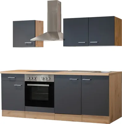 Produktbild von Küchenzeile mit E-Geräten - 210 cm breit - Basaltgrau Matt San Remo Eiche – Morena