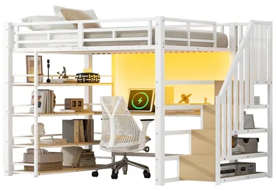 Produktbild von Hochbett mit RGB LED-Streifen, Schreibtisch, Lattenrost, Regal und USB, Treppe mit Regal, 140x200 cm, Kinderbett mit Rausfallschutz, Metallbett
