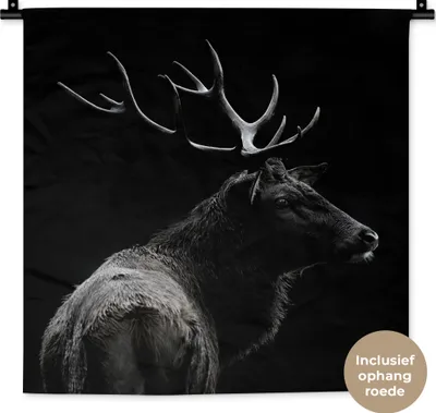 Produktbild von MuchoWow® Wandteppich Wandbehang Hirsch - Schwarz - Porträt - Geweih - Tiere 60x60 cm Tapisserie Dekoration Wandtuch - Dekorationen - Wand Decke