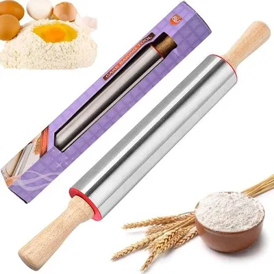 Produktbild von Famanu Teigroller aus Edelstahl mit Holzgriffen - 43,5 cm