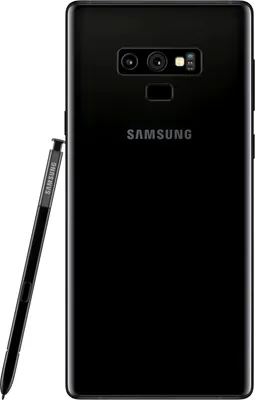 A black Samsung Galaxy Note 9 smartphone with its stylus is shown against a white background.