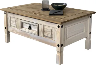 Produktbild von Couchtisch Cancun, Pinienholz massiv, Beistelltisch mit Schubfach, weiß lasiert, honigfarbene Deckplatte, schwarzer Metallgriff, Mexiko-Möbel