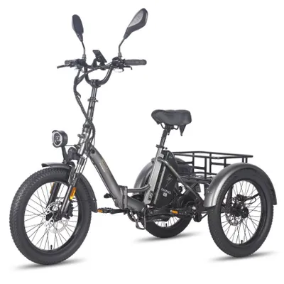 Obrázek produktu pro Elektrické tříkolové kolo pro dospělé 48 V, baterie 18,2 Ah, dojezd 110 km, pánské elektrické kolo, dámské elektrické kolo, zadní trojité brzdy, elektrická kola 65 N.m, Fat Ebike 20 palců, šedá barva