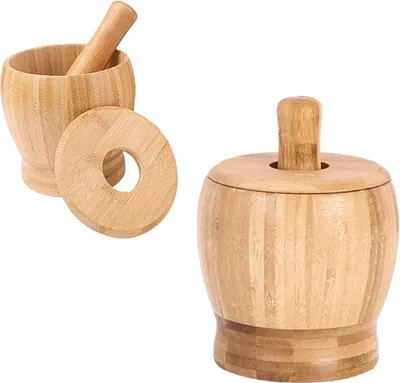 Bambus-Mörser-Set mit Stößel und Deckel, 9 x 9,8 cm