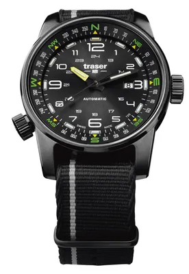 A close-up studio shot of a Traser men's watch with a black dial and a black and gray striped NATO strap.