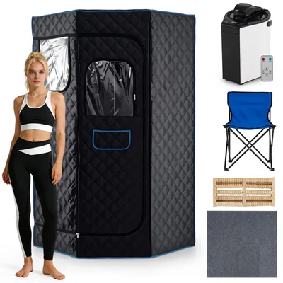 Produktbild von COSTWAY 3L Dampfsauna, Heimsauna 9 Stufen, Saunazelt mit Timer, Ganzkörpersaunabox mit 3L Dampfgenerator, Holz-Fußmassagegerät & Klappstuhl, Schwarz