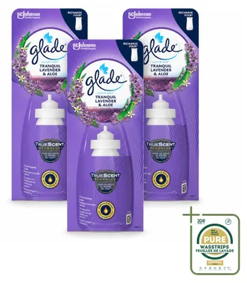 Imagen del producto de 3 recambios para ambientador Glade Sense & Spray, aroma lavanda y aloe, 18 ml, pack ahorro, 3 unidades
