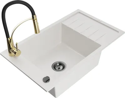 Produktbild von Mexen Elias 1 Becken-Granitspüle mit Abtropffläche und Mischbatterie Aster, Weiß - 6511-20-73450-57-B