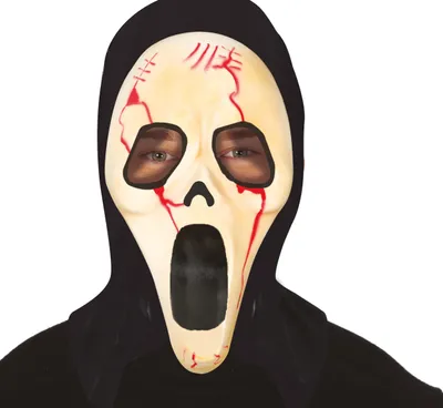 Productafbeelding van Spookachtige, griezelige masker met kap. Enge, horror-gezichts kostuum. Donker, kleur: wit