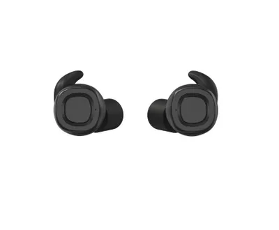 A pair of black wireless earbuds shown from the front against a white background.