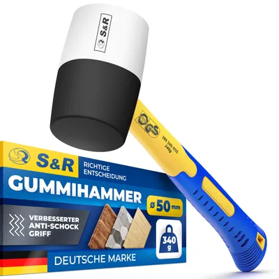 Produktbild von S&R Gummihammer Pflasterhammer Schwarz/Weiß 340g Profi Naturkautschuk, Fiberglasstiel rutschfest stoßdämpfend ⌀ 50mm, Schonhammer Pflastersteine, Fliesen Klinker Camping,  Vollgummihammer