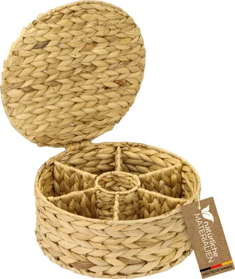 Produktbild von HMF Teebox für Teebeutel geflochten aus Wasserhyazinthe, Tee Aufbewahrungsbox mit 7 großen Fächern | 27 x 27 x 11 cm