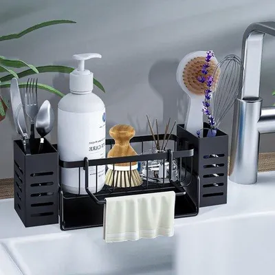 Produktbild von Ibenzoa® selbstentleerender Spülbecken-Organizer mit Handtuch- und Bürstenhalter, Edelstahl, 23,5 x 10,5 x 9,2 cm, für Küche & Bad