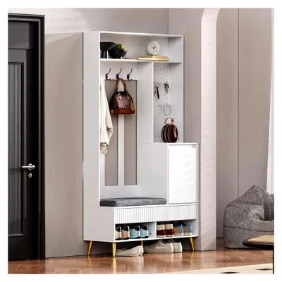 Produktbild von Kompaktgarderobe mit 2 Schubladen und 1 Tür, Wandgarderoben Set mit 4 Kleiderhaken und Schuhbank für Flur, Schlafzimmer, Wohnzimmer, 100×35×180cm (Weiß)