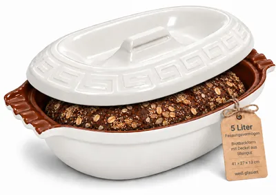 Produktbild von KERAZO 5 Liter ovale Brotbackform mit Deckel aus Steingut, 41x27x13 cm, Bräter, Auflaufform, Gratinform, Schmortopf, Brottopf, weiß