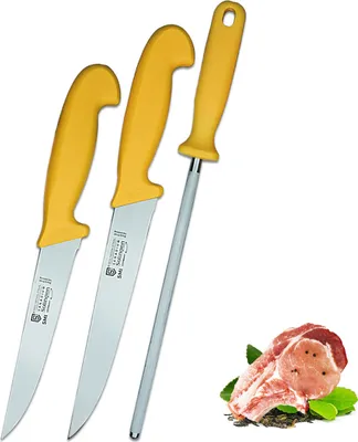 Produktbild von SMI 3 Stück Küchenmesser Set - Solingen Metzgermesser, Wetzstahl, Fleischermesser & Kochmesser aus Edelstahl, Schlachtermesser, Germany