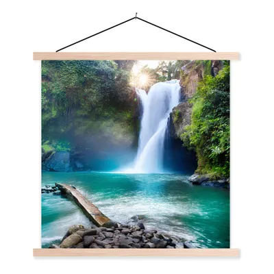 Produktbild von MuchoWow® Textilposter Wasserfall - Steine - Landschaft - Pflanzen - Wasser 120x120 cm mit holzfarbenen Rahmen - Textil-Poster