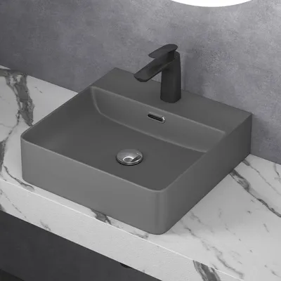 Immagine prodotto di doporro Lavabo da Appoggio Lavandino Sospeso Bagno Rettangolare 42 cm in Vetroceramica Antracite Opaco con Foro per Rubinetto e Troppopieno - Meissen201