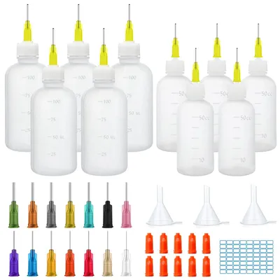 Image de Flacons applicateurs 50 ml/100 ml - 10 aiguilles - 10 bouchons - 3 entonnoirs - Bouchon hermétique - Plastique flexible - Flacon