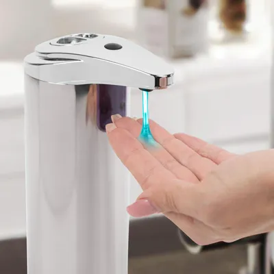 Image de Distributeur automatique de savon - 220 ml -par capteur - Modèle sur pied - Fonctionne à piles - Convient pour le savon liquide ou le désinfectant - Gris-argent [51122A]