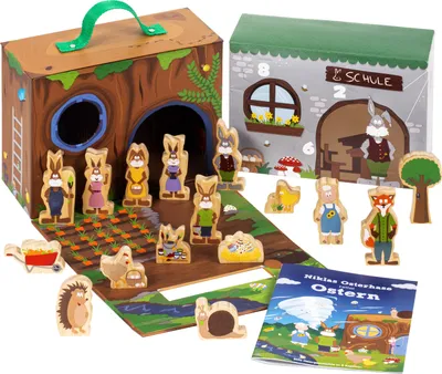 Produktbild von yoamo Osterkalender mit Spielkoffer mit 16 Holzfiguren & Osterhasengeschichte zum Vorlesen