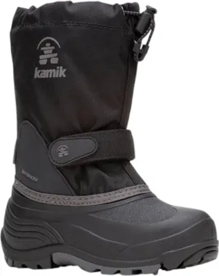 A single black winter boot for children.