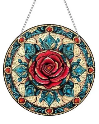 Image de Pendentif en diamant 5D, motif rose, 20x20 cm, kit de décoration murale, panneau décoratif pour fenêtre avec chaîne