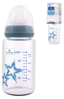 Immagine prodotto di Biberon in vetro Lorelli da 120 ml con tettarella anticolica – 0+ mesi, senza , adatto a microonde, sterilizzatore e scaldabiberon, rosa/blu