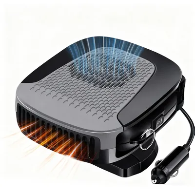 A portable car heater and defroster is shown against a white background, with visual cues indicating heat and airflow.