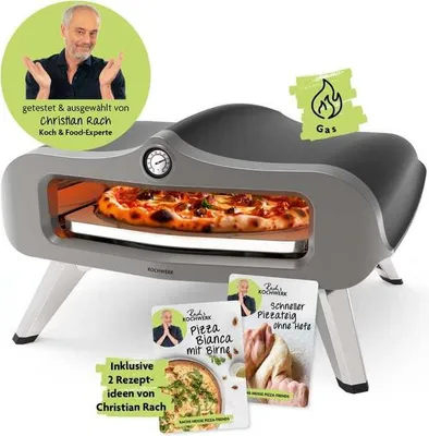 Produktbild von DS Produkte Gas-Pizzaofen, Ø 34 cm, Edelstahl, Silber, 5 kW, bis 450°C, drehbarer Pizzastein, inkl. Thermometer, klappbare Beine, für Pizza, Flammkuchen & Focaccia in 2 Min.
