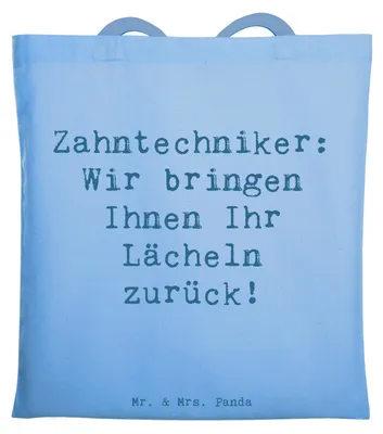 Produktbild von Mr. & Mrs. Panda Tote Bag Spruch Zahntechniker Lächeln - Sky Blue - Geschenk, Beruf, kreative Geschenke, Schultasche, Stoffbeutel, Zahntechnik, personalisierte, mit Herz
