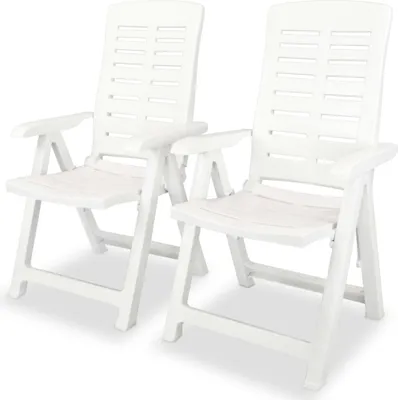 Two white plastic garden chairs are shown from the front-left.
