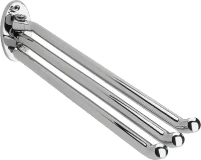 A chrome-plated towel rack with three swivel arms, mounted on a wall.