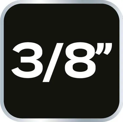A black square with rounded corners containing the text "3/8" in white.