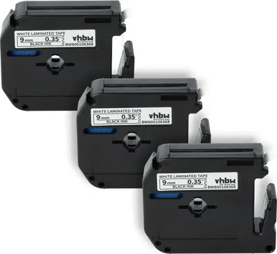 Produktbild von vhbw 3x Schriftband-Kassette kompatibel mit Brother P-Touch 80SCCP, BB4, M95, 90, 70SR, H100, 80, H110, 85 Etiketten-Drucker 8m x 9mm Schwarz auf Weiß