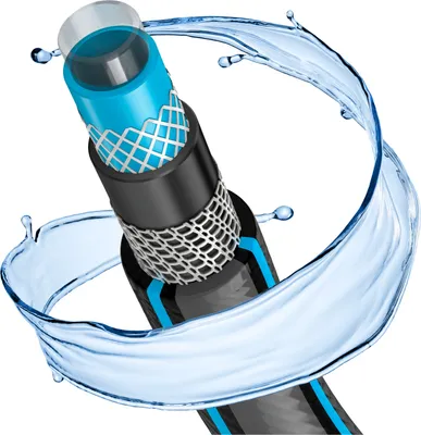 A cross-section of a garden hose with water splashing around it.