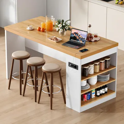 Obrázok produktu pre Kuchynský ostrov, rozmer 155x80x90 cm, s LED osvetlením, zásuvkami (2x AC + 2x USB), pracovnou doskou hrúbky 40 mm, 3 otvorenými policami, moderný dizajn.