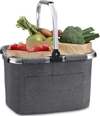 Produktbild von Unyqoos® Faltbarer Einkaufskorb 30 L – großer Picknick- & Einkaufskorb 42×27×30 cm, Aluminiumrahmen & Soft‑Grip‑Griff, bis 15 kg, wiederverwendbar