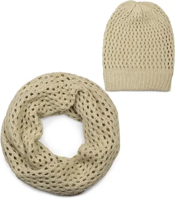 Produktbild von styleBREAKER Strick Loop Schal und Mütze Set, Loch Muster Strickschal mit Beanie Strickmütze, Winter, Uni 01018210
