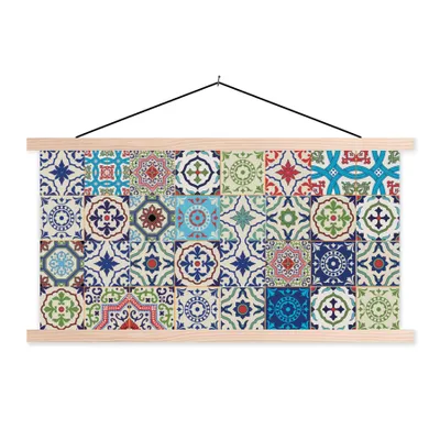 Produktbild von MuchoWow® Textilposter Blumen - Muster - Grün - Blau 60x30 cm mit holzfarbenen Rahmen - Dekoration