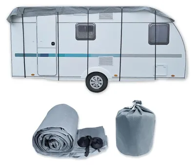 Productafbeelding van Caravan dakhoes dakzeil dekzeil - 300 cm breed - 450 tot 700 cm lang - Waterdicht, UV-bestendig - Grijs - Voor caravan en camper