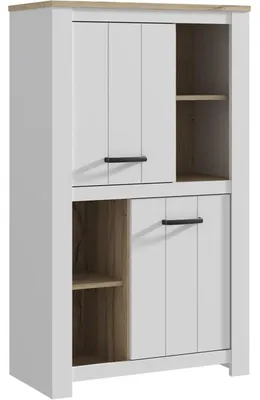 Produktbild von Forte Elara Standvitrine 90 cm mit 2 Türen und 4 offenen Fächern, Weiß/ Eiche-Optik, mattschwarz, selbstmontage