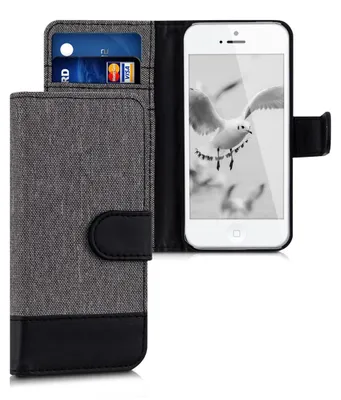 Produktbild von kwmobile Wallet Case kompatibel mit Apple iPhone SE (1.Gen 2016) / iPhone 5 / iPhone 5S - Hülle mit Ständer - Handyhülle Kartenfächer Grau Schwarz