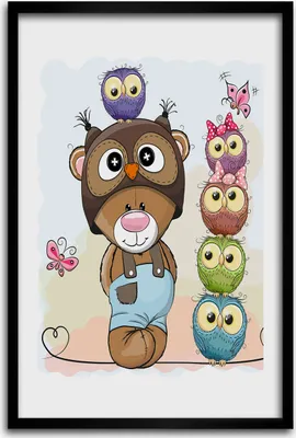 Produktbild von Bild - Bilderrahmen - 40 cm x 60 cm - MDF - Rahmen - Wandkunst - Teddybär und Eulen