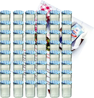 Produktbild von zestaw 48 kubków 435 ml słoik na dżem słoik na przetwory Do 82 niebieska pokrywka w szachownicę z książeczką z przepisami
