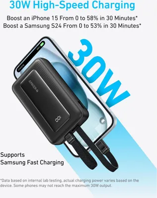 A black Anker power bank is shown charging a smartphone, with marketing text highlighting its charging speed.