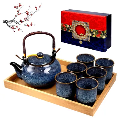 Produktbild von Japanisches Teeservice Set – Tragbares Kungfu Teeset mit 1 Teekanne, 6 Teetassen und 1 Tablett für Reisen, Zuhause und im Freien